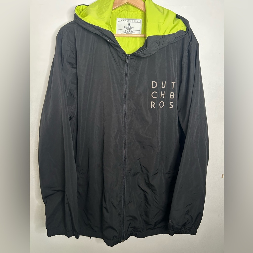 Dutch Bros Black Windbreaker with Neon Green Lining